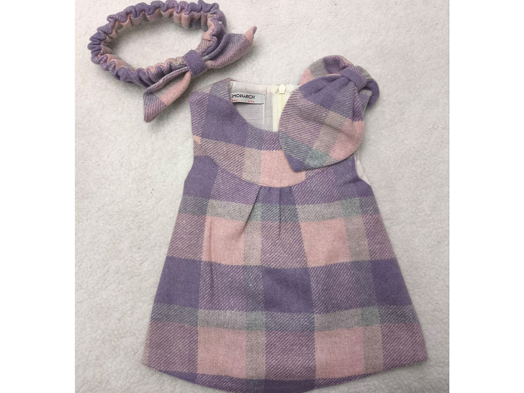 سارافون پاپیون صورتی یاسی چهارخانه هدبند دار