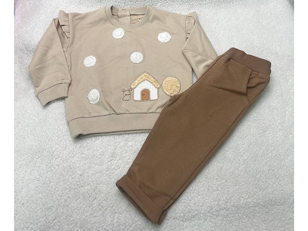 ست بلوز و شلوار  گلدوزی شده نسکافه ای  طرح قارچ و کلبه vira