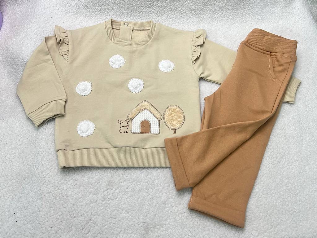 ست بلوز و شلوار  گلدوزی شده کرم طرح قارچ و کلبه vira