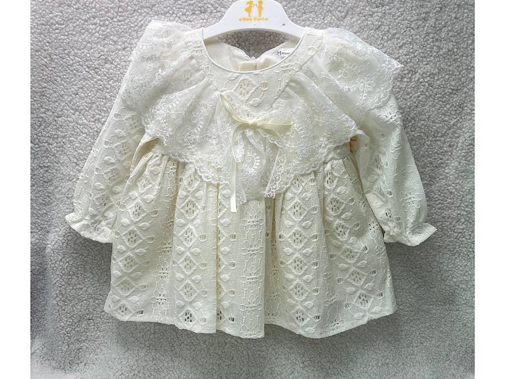 پیراهن دانتل  دخترانه شیری رنگ جلو سینه تور دار نیوبرن New Born