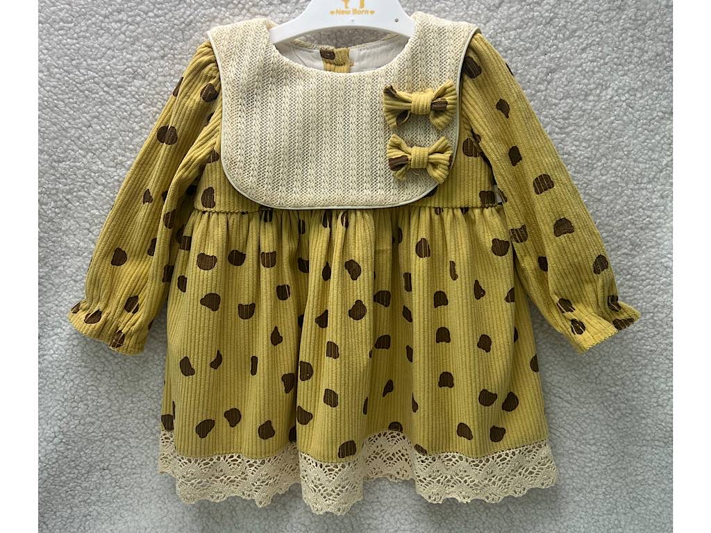 پیراهن مخمل طرح کله تدی دخترانه رنگ خردلی نیوبرن  new born