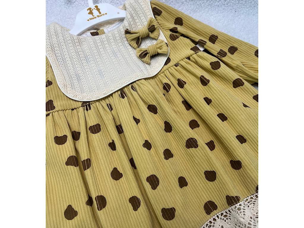 پیراهن مخمل طرح کله تدی دخترانه رنگ خردلی نیوبرن  new born