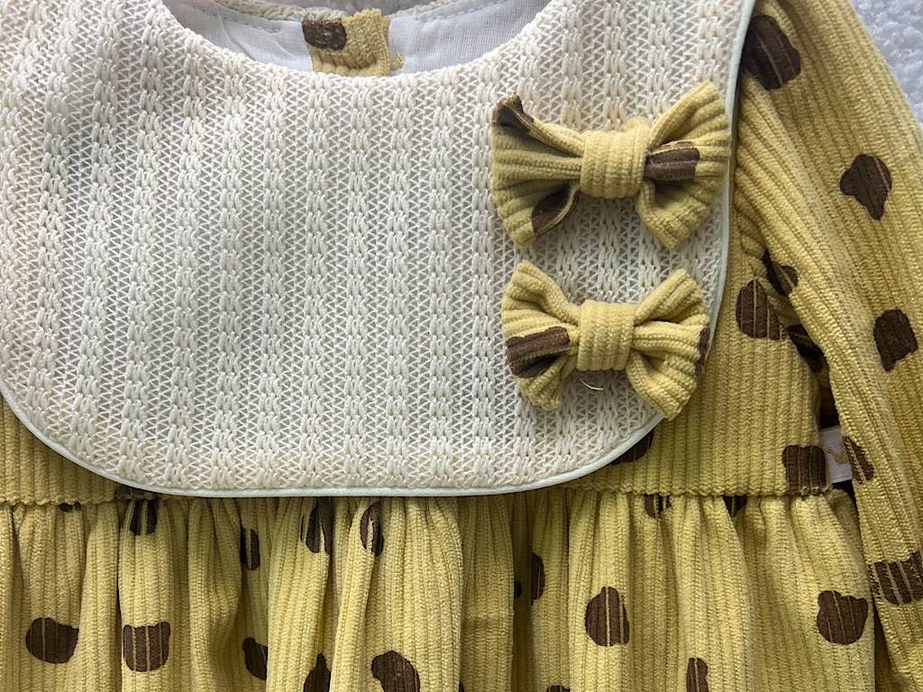 پیراهن مخمل طرح کله تدی دخترانه رنگ خردلی نیوبرن  new born