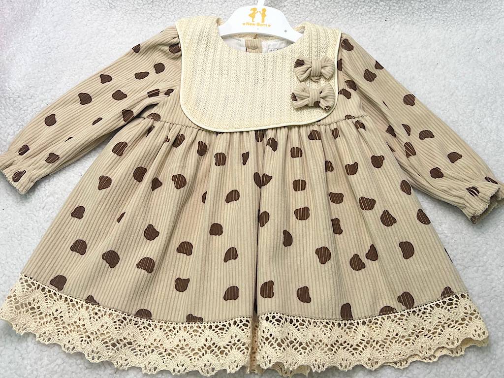 پیراهن مخمل طرح کله تدی دخترانه رنگ نسکافه ای نیوبرن  new born