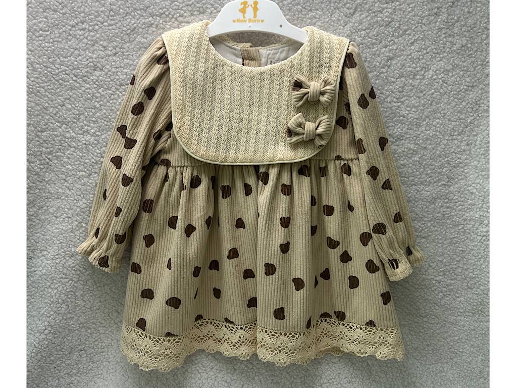 پیراهن مخمل طرح کله تدی دخترانه رنگ نسکافه ای نیوبرن  new born