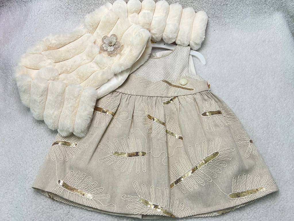 کت و سارافون نوزادی دخترانه پارچه پولک دار کرم نیوبرن New Born