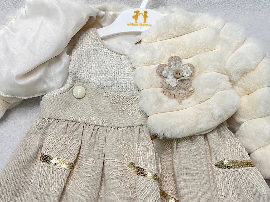 کت و سارافون نوزادی دخترانه پارچه پولک دار کرم نیوبرن New Born