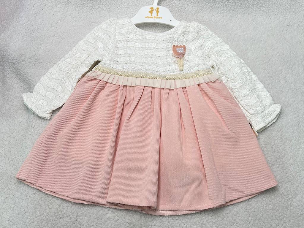 پیراهن دخترانه مخمل صورتی  بالا تنه گیپور مروارید دوزی شده  نیو برن new born