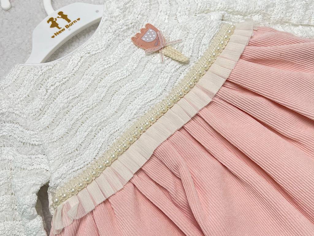 پیراهن دخترانه مخمل صورتی  بالا تنه گیپور مروارید دوزی شده  نیو برن new born