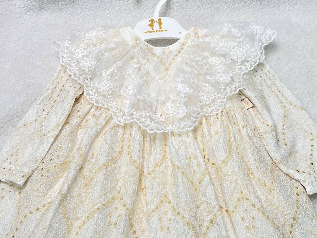 پیراهن دانتل  دخترانه کرم رنگ جلو سینه تور دار نیوبرن New Born