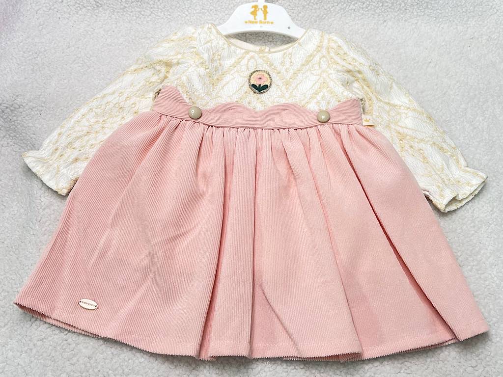 پیراهن دخترانه مخمل صورتی  بالا تنه دانتل گلدوزری شده  نیو برن new born