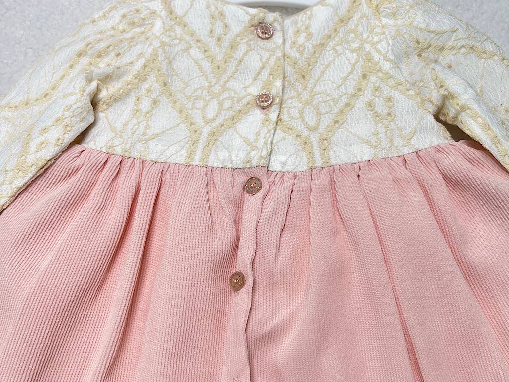 پیراهن دخترانه مخمل صورتی  بالا تنه دانتل گلدوزری شده  نیو برن new born