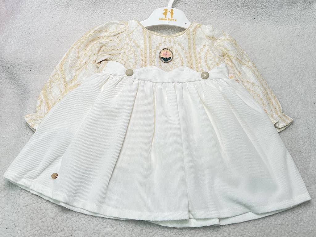 پیراهن دخترانه مخمل شیری بالا تنه دانتل گلدوزری شده نیو برن new born