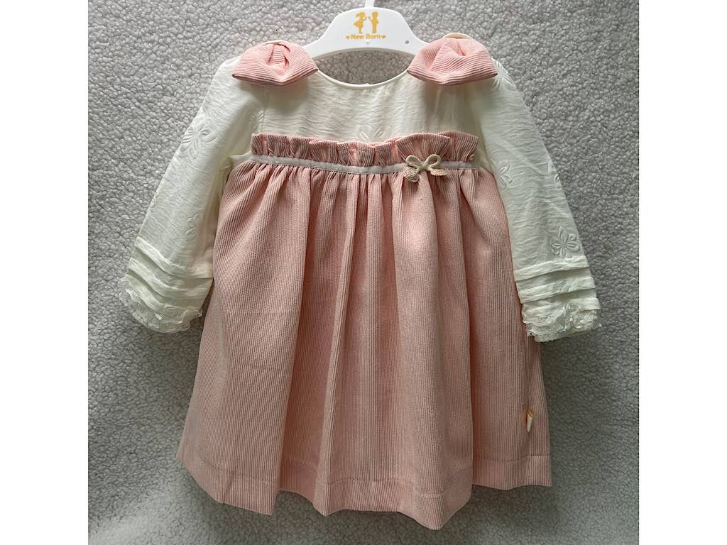 پیراهن دخترانه مخمل صورتی جلو سینه پلیسه پاپیون دار نیوبرن New Born