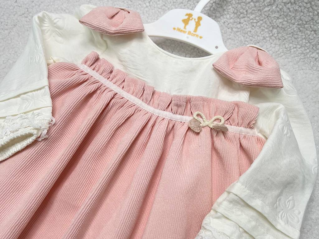 پیراهن دخترانه مخمل صورتی جلو سینه پلیسه پاپیون دار نیوبرن New Born