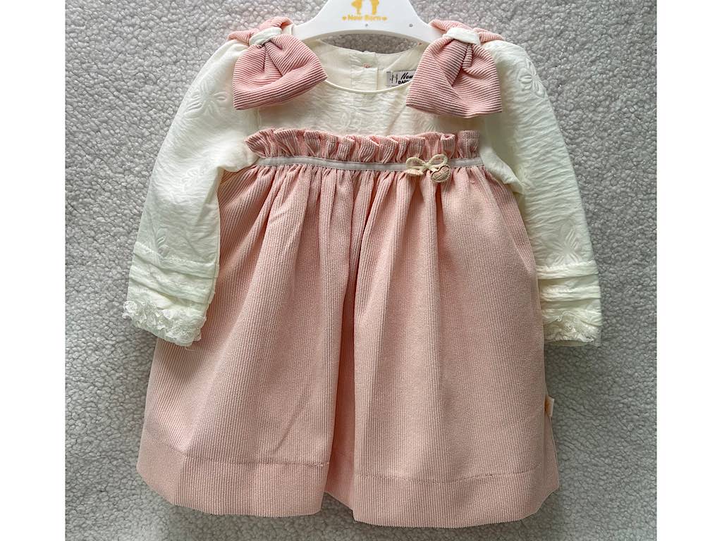 پیراهن دخترانه مخمل صورتی جلو سینه پلیسه پاپیون دار نیوبرن New Born