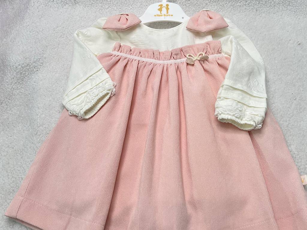 پیراهن دخترانه مخمل صورتی جلو سینه پلیسه پاپیون دار نیوبرن New Born