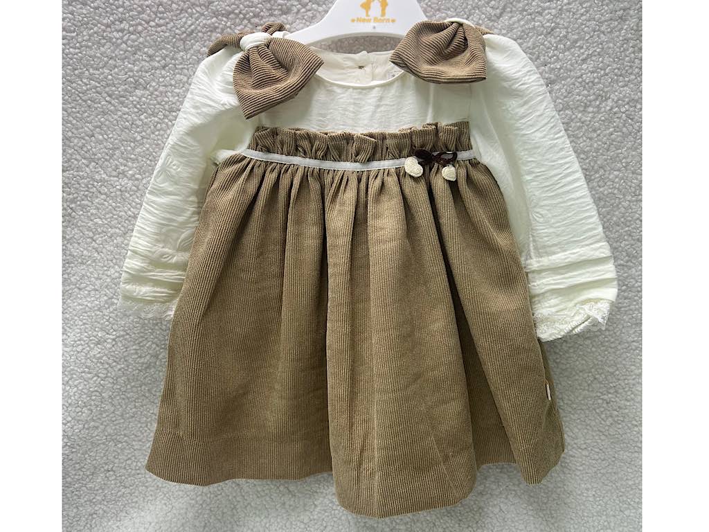 پیراهن دخترانه مخمل نسکافه ای  جلو سینه پلیسه پاپیون دار نیوبرن New Born