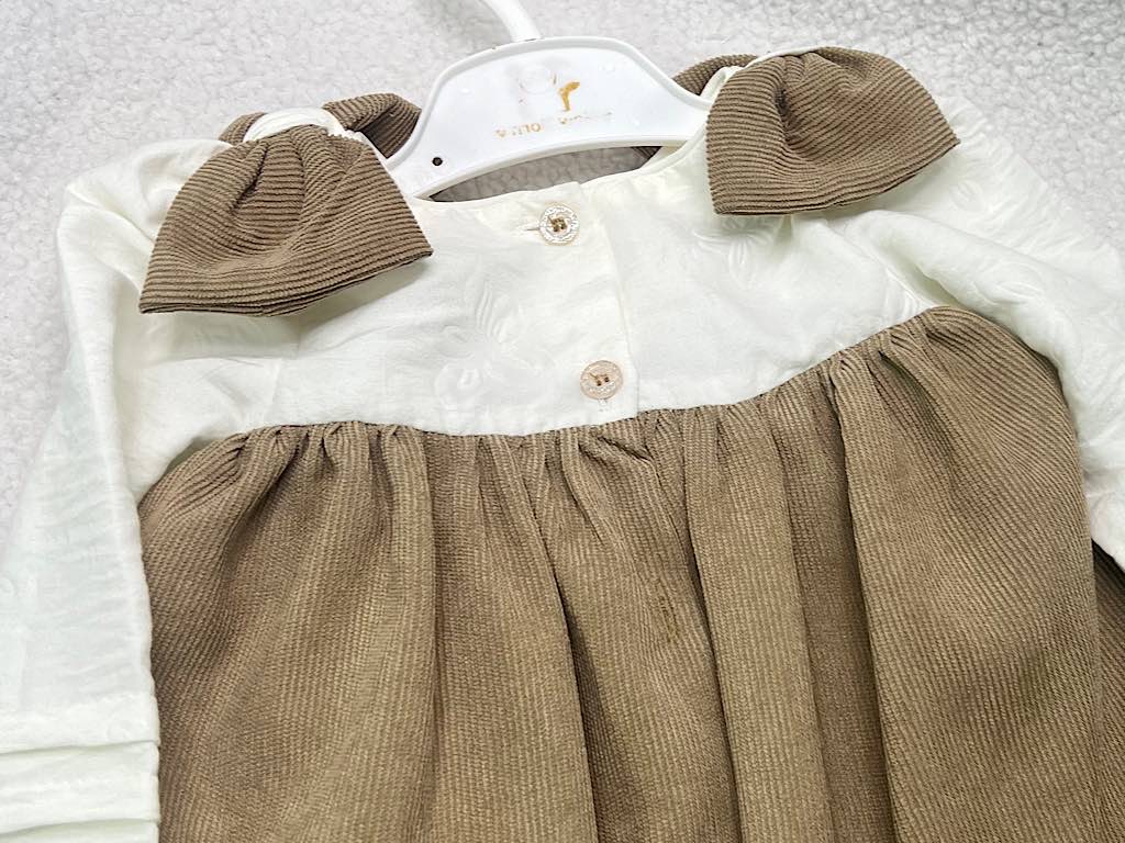 پیراهن دخترانه مخمل نسکافه ای  جلو سینه پلیسه پاپیون دار نیوبرن New Born