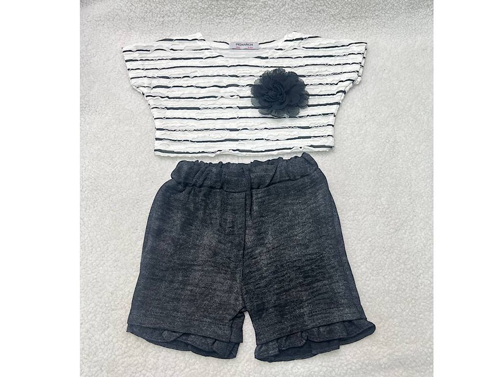 ست کراپ و شلوارک سفید رنگ طرح راه دار سینه گل