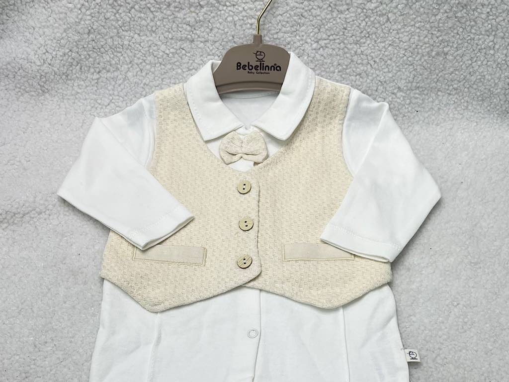سرهمی جوراب و جلیقه دار نوزادی پسرانه شیری با جلیقه کرم رنگ  بب لینا BEBELINNA