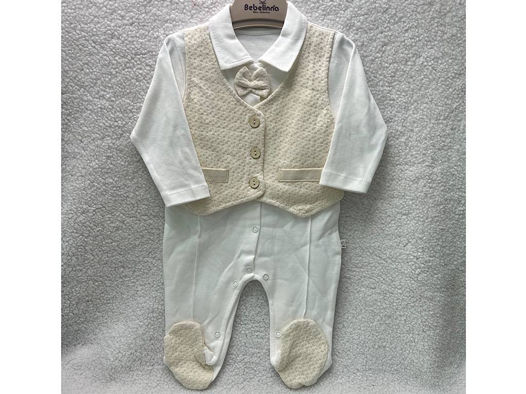 سرهمی جوراب و جلیقه دار نوزادی پسرانه شیری با جلیقه کرم رنگ  بب لینا BEBELINNA