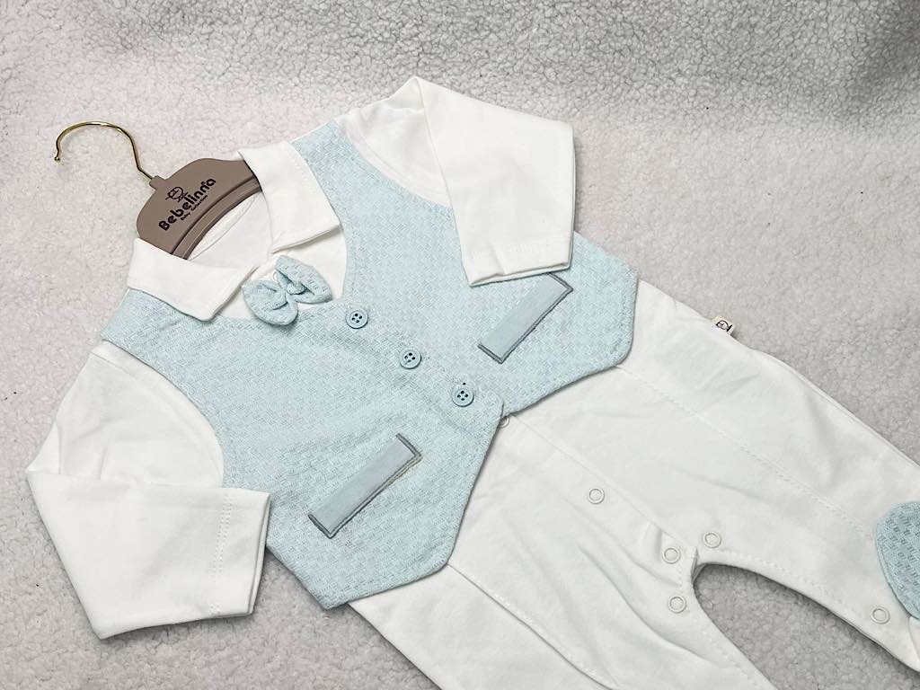 سرهمی جوراب و جلیقه دار نوزادی پسرانه سفید با جلیقه آبی  رنگ  بب لینا BEBELINNA