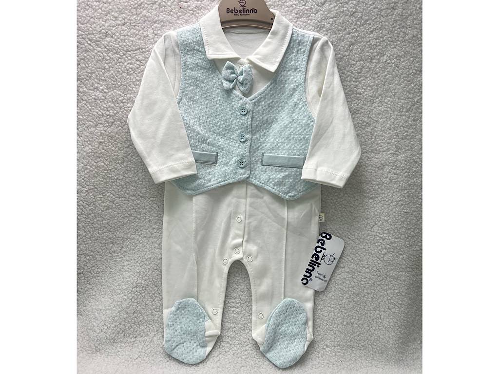 سرهمی جوراب و جلیقه دار نوزادی پسرانه سفید با جلیقه آبی  رنگ  بب لینا BEBELINNA