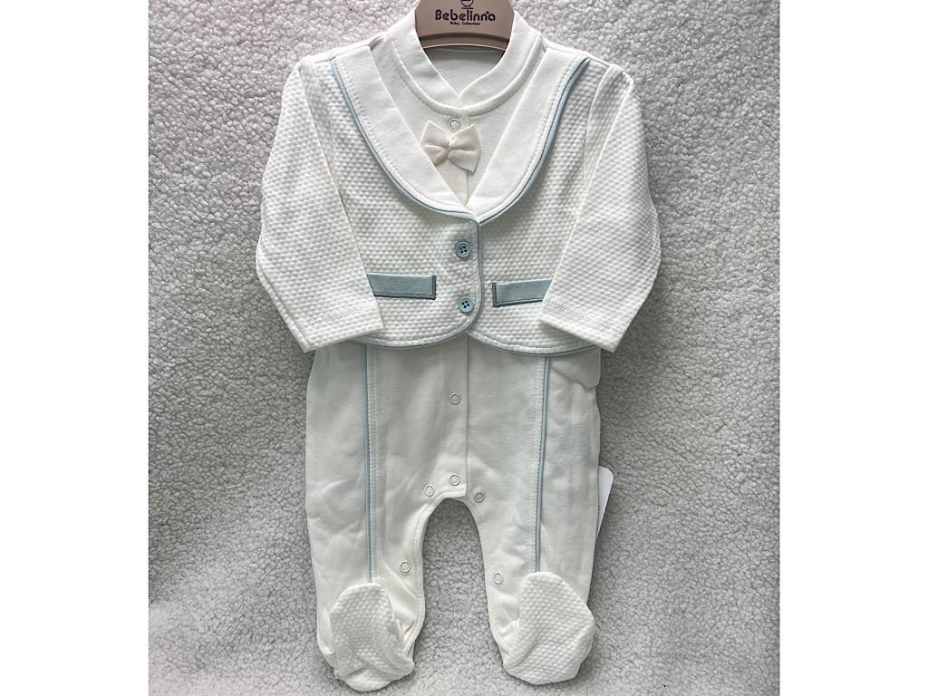 سرهمی جوراب و جلیقه دار نوزادی پسرانه سفید با نوار آبی رنگ  بب لینا BEBELINNA