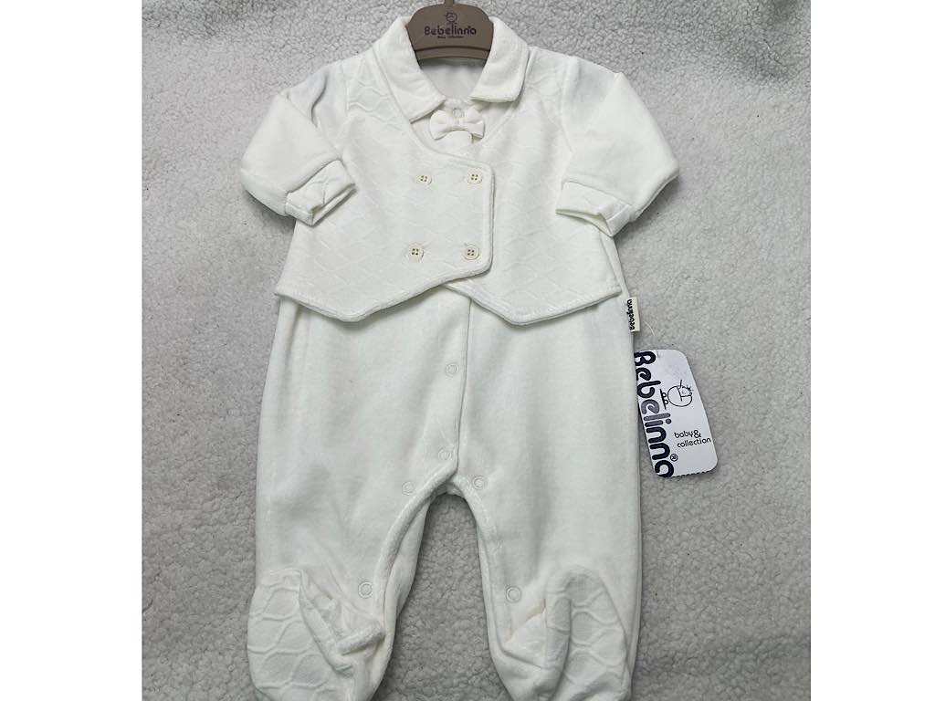 سرهمی جوراب و جلیقه دار مخملی نوزادی پسرانه شیری رنگ  بب لینا BEBELINNA