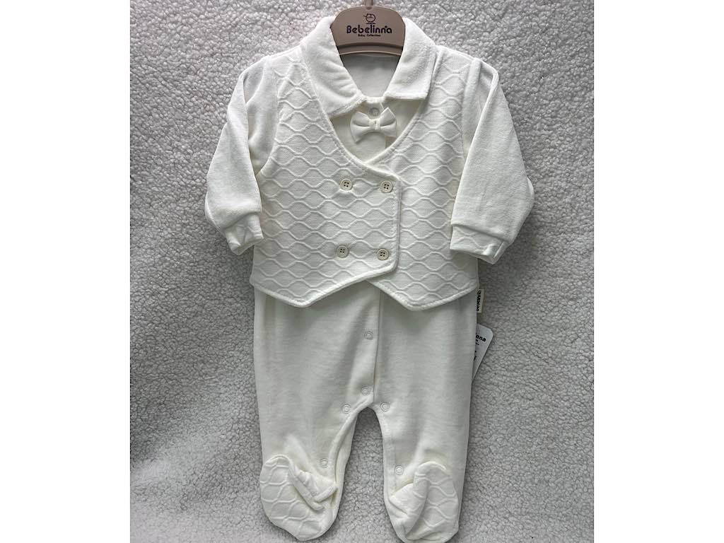 سرهمی جوراب و جلیقه دار مخملی نوزادی پسرانه شیری رنگ  بب لینا BEBELINNA