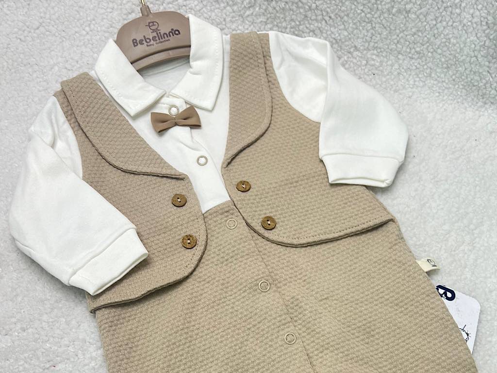 سرهمی جوراب و جلیقه دار نوزادی پسرانه نسکافه ای  بب لینا BEBELINNA