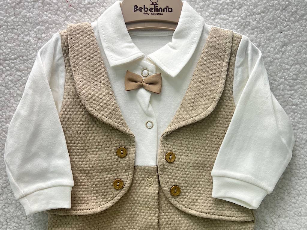 سرهمی جوراب و جلیقه دار نوزادی پسرانه نسکافه ای  بب لینا BEBELINNA