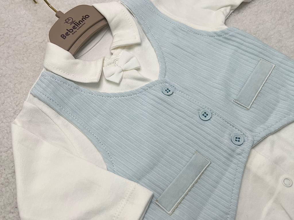 سرهمی جوراب و جلیقه دار نوزادی پسرانه شیری و آبی کبریتی بب لینا BEBELINNA