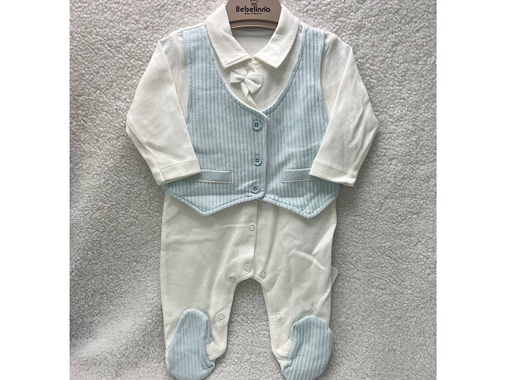 سرهمی جوراب و جلیقه دار نوزادی پسرانه شیری و آبی کبریتی بب لینا BEBELINNA