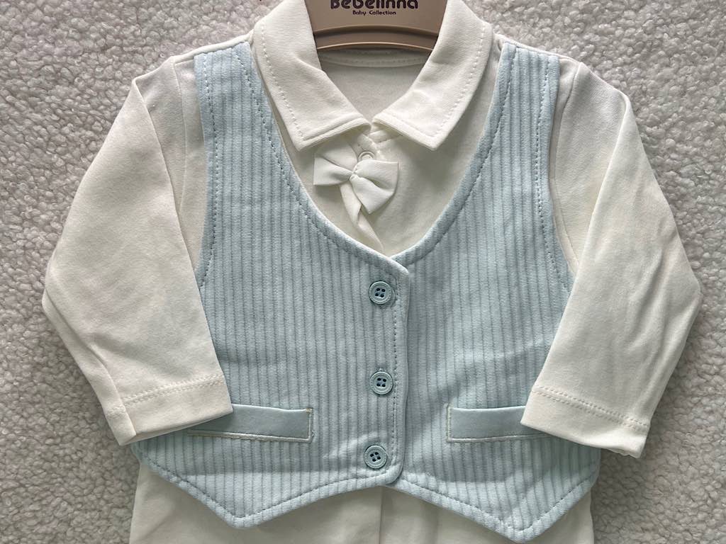 سرهمی جوراب و جلیقه دار نوزادی پسرانه شیری و آبی کبریتی بب لینا BEBELINNA