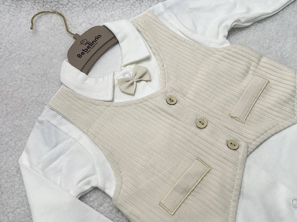 سرهمی جوراب و جلیقه دار نوزادی پسرانه شیری و کرم بب لینا BEBELINNA