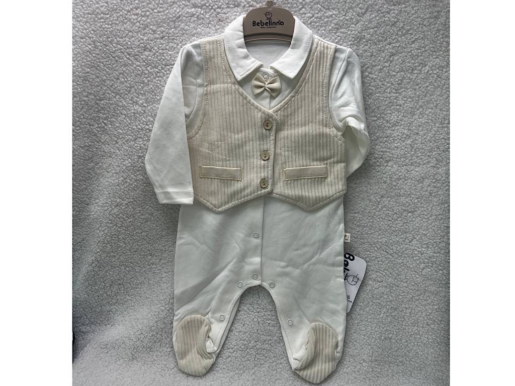 سرهمی جوراب و جلیقه دار نوزادی پسرانه شیری و کرم بب لینا BEBELINNA