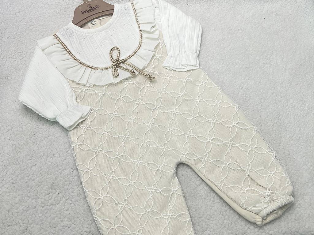 سرهمی مجلسی تور دار  نوزادی دخترانه کرم رنگ بب لینا BEBELINNA