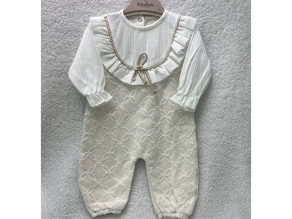 سرهمی مجلسی تور دار  نوزادی دخترانه کرم رنگ بب لینا BEBELINNA