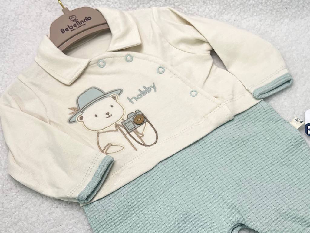 سرهمی جوراب دار نوزادی پسرانه بیسکویتی سبز آبی طرح خرس شاد بب لینا BEBELINNA