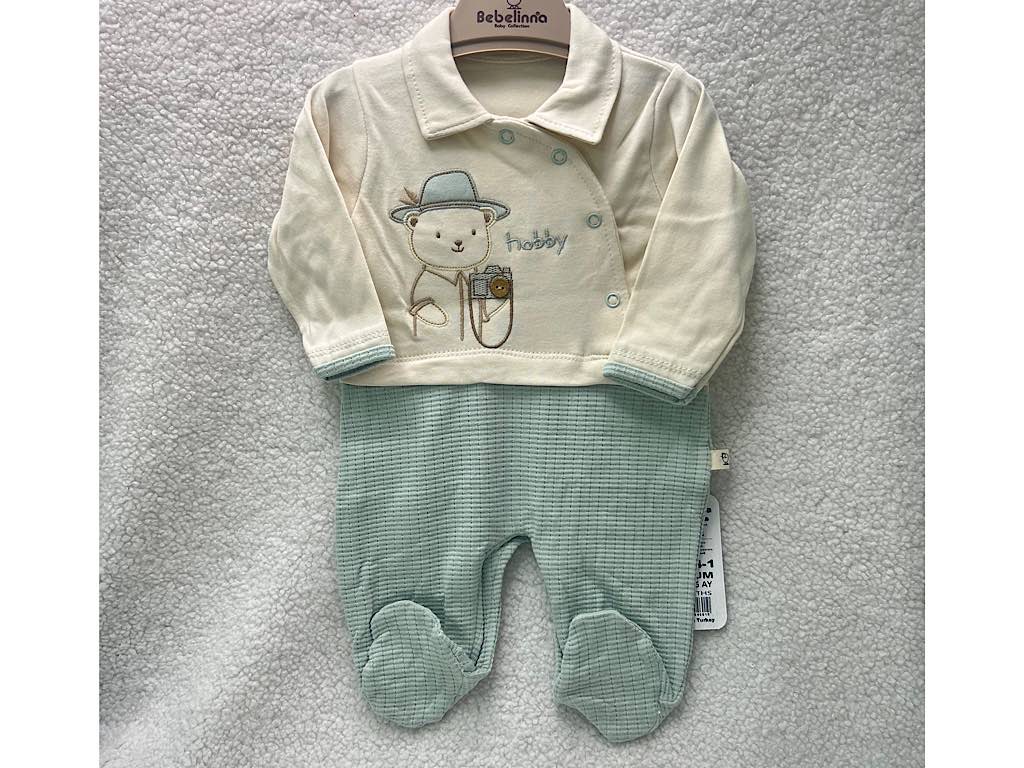 سرهمی جوراب دار نوزادی پسرانه بیسکویتی سبز آبی طرح خرس شاد بب لینا BEBELINNA