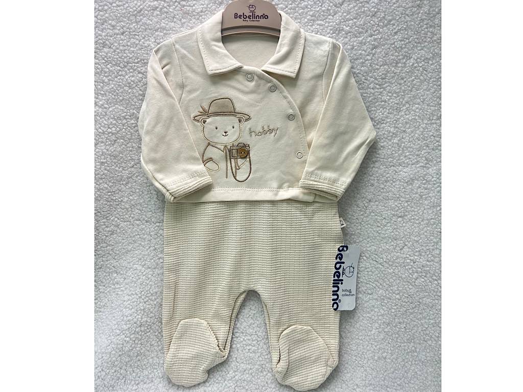 سرهمی جوراب دار نوزادی پسرانه بیسکویتی کرم طرح خرس شاد بب لینا BEBELINNA