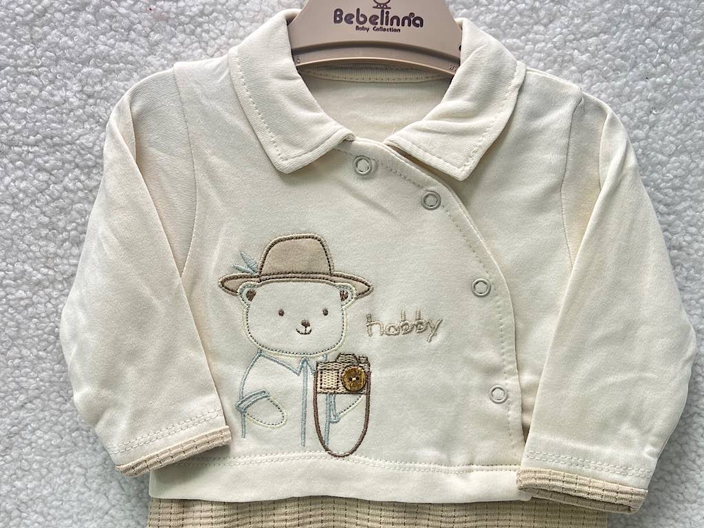 سرهمی جوراب دار نوزادی پسرانه بیسکویتی نسکافه ای  طرح خرس شاد بب لینا BEBELINNA