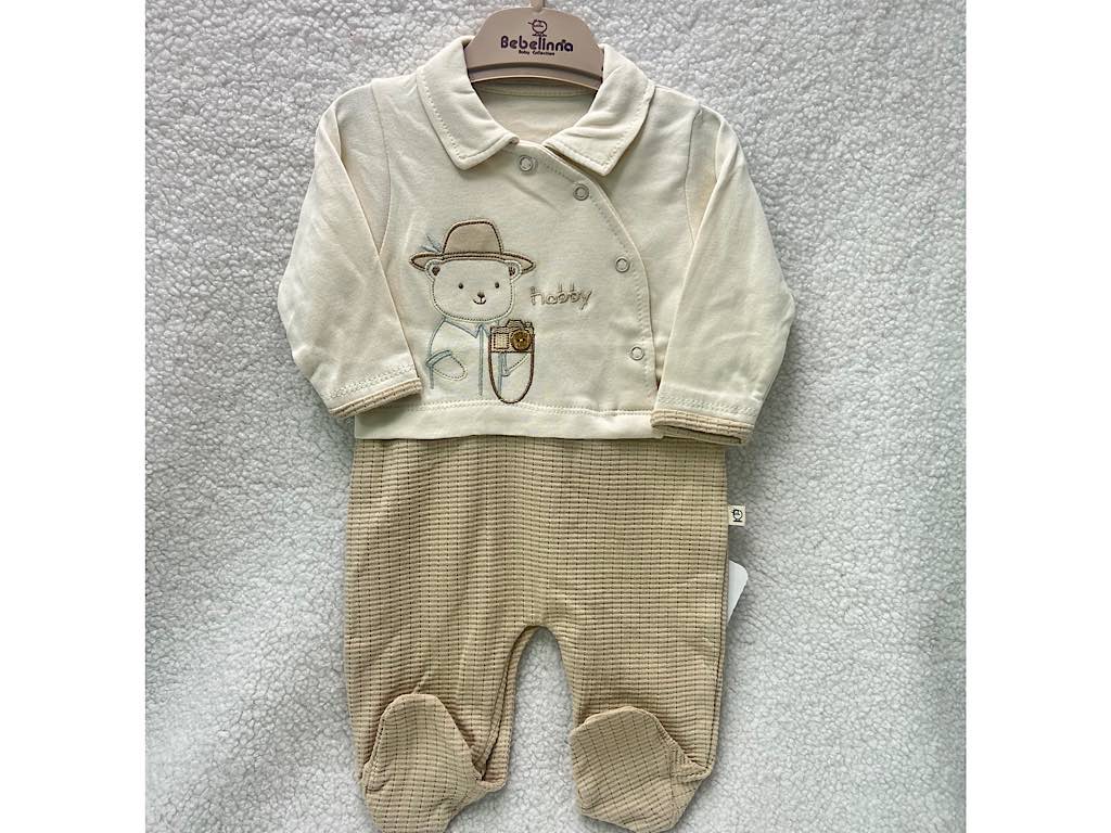 سرهمی جوراب دار نوزادی پسرانه بیسکویتی نسکافه ای  طرح خرس شاد بب لینا BEBELINNA