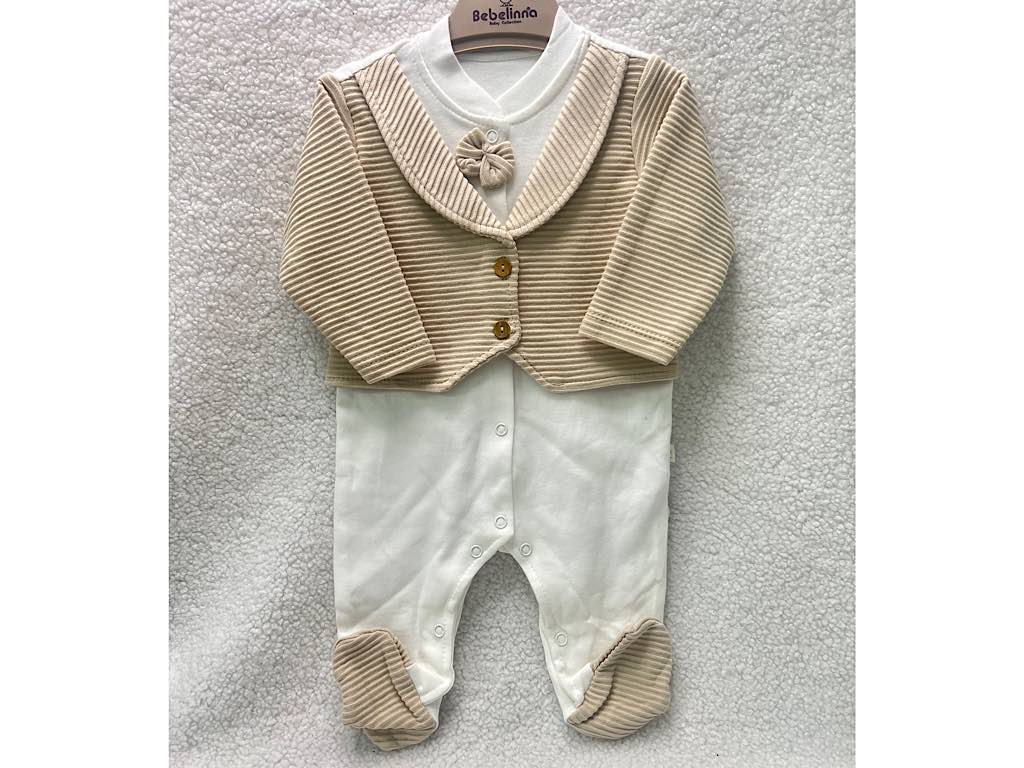 سرهمی جوراب و جلیقه دار نوزادی پسرانه شیری و کرم بب لینا BEBELINNA