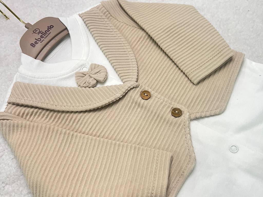 سرهمی جوراب و جلیقه دار نوزادی پسرانه شیری و کرم بب لینا BEBELINNA