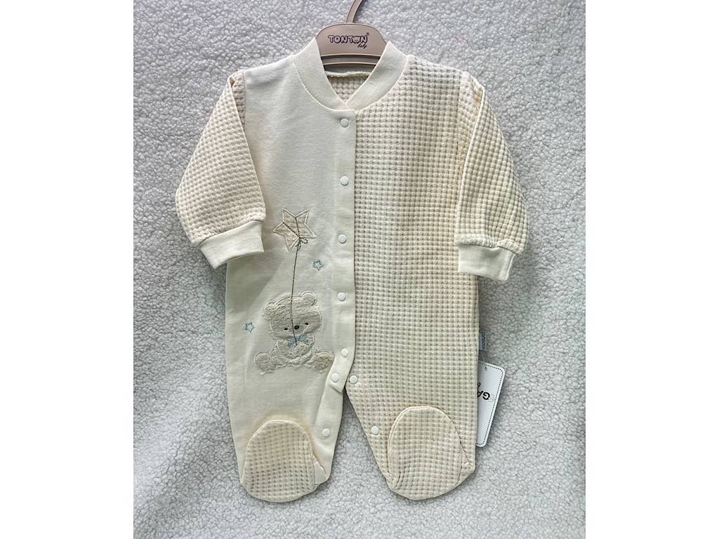 سرهمی جوراب دار نوزادی پسرانه بیسکویتی کرم طرح خرس و ستاره TONTON