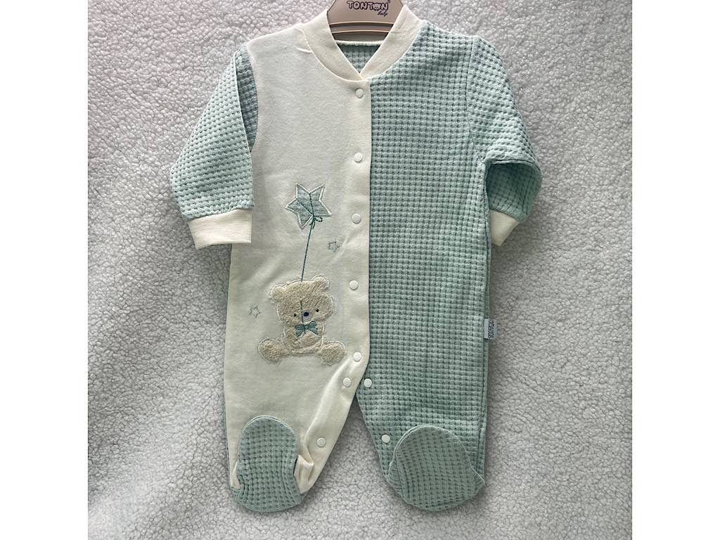 سرهمی جوراب دار نوزادی پسرانه بیسکویتی سبز آبی طرح خرس و ستاره TONTON