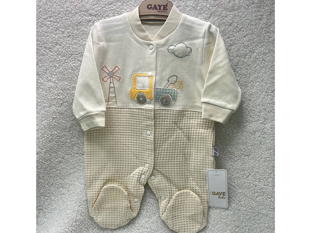 سرهمی جوراب دار نوزادی پسرانه بیسکویتی کرم طرح تراکتور گایه G.A.Y.E